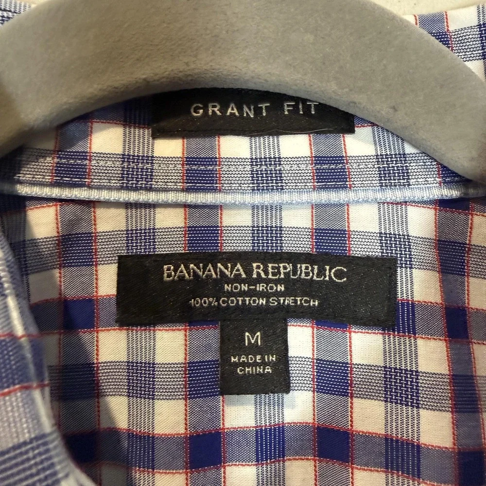 Banana Republic Dress‎ Shirt Mens Medium Blue Gingham Grant Fit Non Iron Stretch